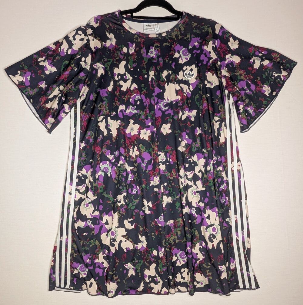 Adidas Originals Abstract Floral Camo T-Shirt Dress 3-Stripes Trefoil Women's L